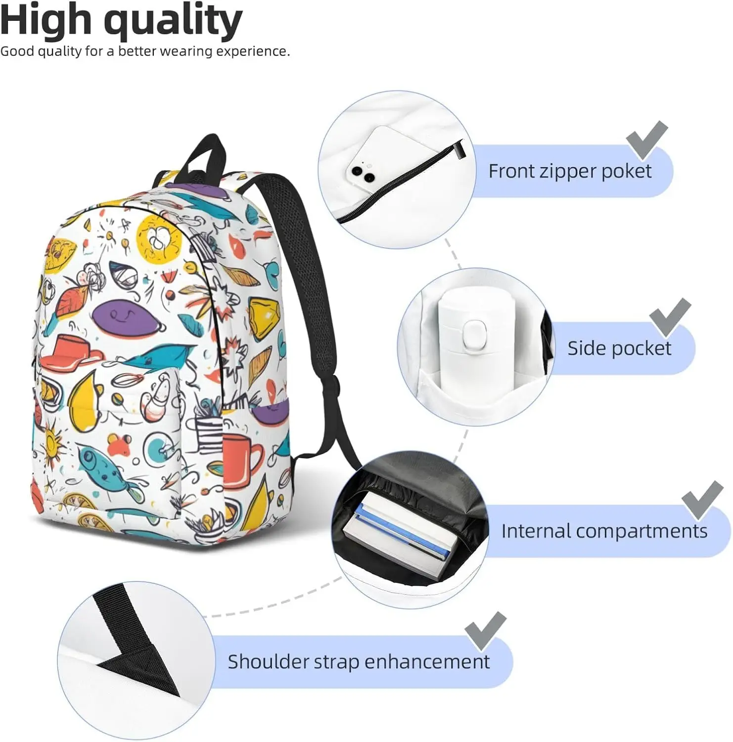 Mochila de lona elegante con estampado de plumas dibujadas a mano de colores sobre blanco, mochila de viaje con bolsillos, para senderismo y uso diario