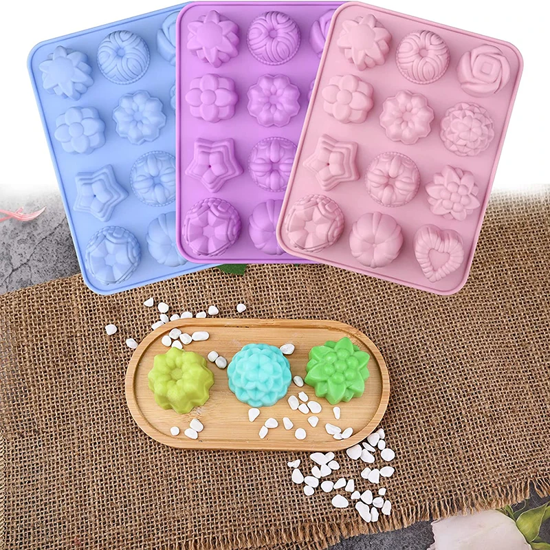 1Pcs Flower Soap Molds Silicone, 12 Cavities Different Flower Shapes Silicone Molds for Soap, Bath Bombs, Chocolate, Candy