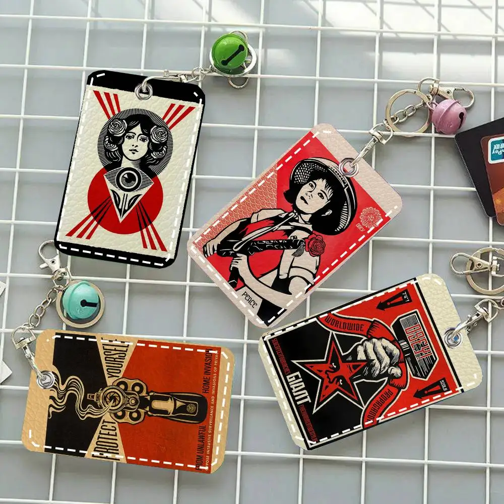 1pc Vintage Shepard Fairey Card Case Keychain Access Card Bag Key Tag Ring Leather Card Holder Key Ring Access