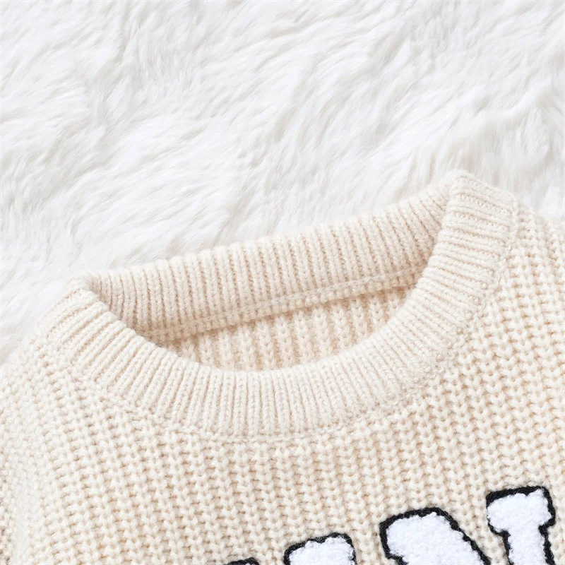 Suefunskry Baby Girl Boy Knitted Sweater Long Sleeve Round Neck Letter Embroidery Pullover Infant Fall Winter Warm Knitwear Tops