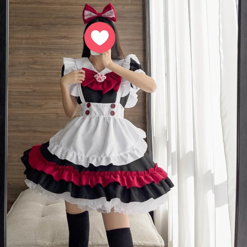 

Gothic Lolita Vampire Maid Cosplay Costume Red Black Dress with Cat's Paw Bow for Women Halloween Carnival Party Anime Cons
