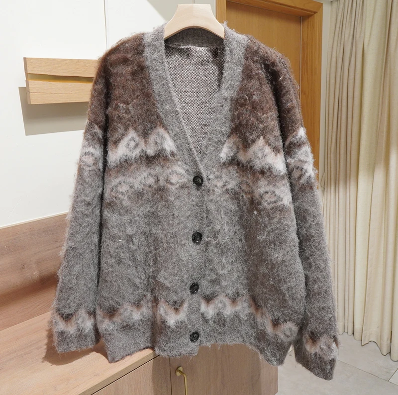 Women's Thick Knit Jacquard Cardigan Coat - V-Neck Loose Fit