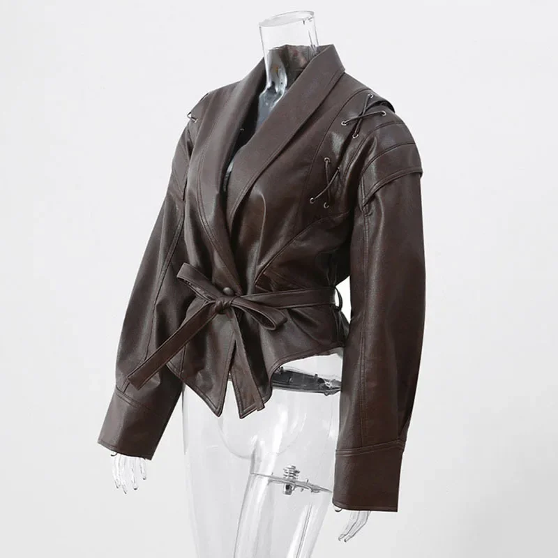 Winter New Items Fashion Retro Versatile Faux Leather Belt Short Jackets V-neck Lace-up Coats Female Trendy