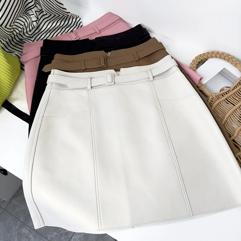 

2023 Autumn Korean Style Fashion Women's High Quality Sheepskin Genuine Leather Belt High-rise A-line Skirt F054