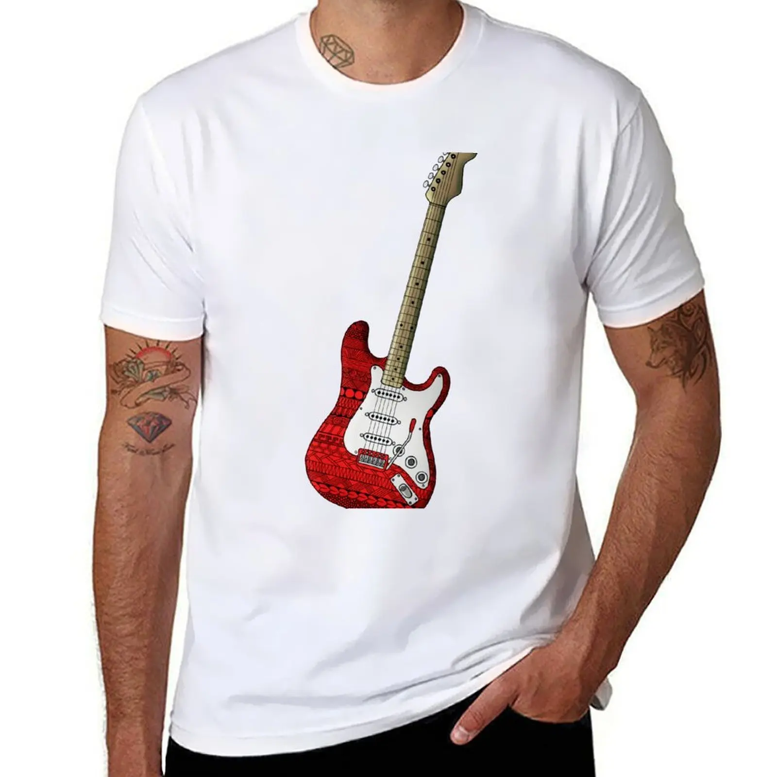 Red Electric Guitar T-Shirt Daily Wear Plain Short Sleeve Shirt
