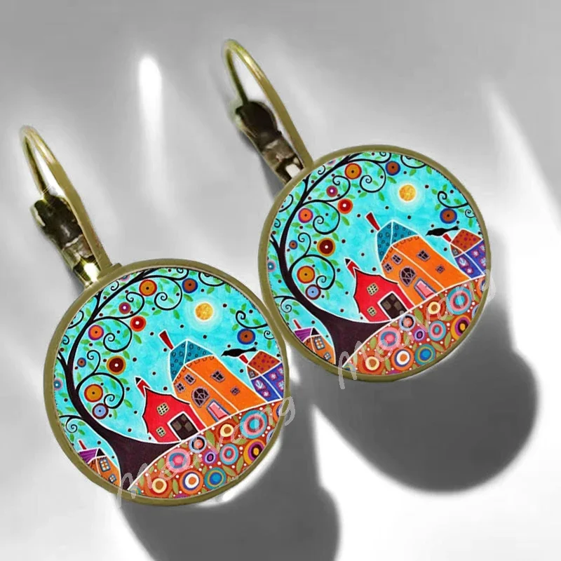 2024 Natural Scenery Earrings beautiful village Women Stud Earring  Abstract Oil Painting House Glass Cabochon Earrings  jewelry