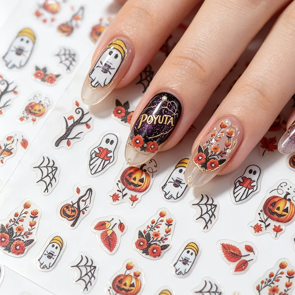 10PCS Cartoon Black Kitten Nail Art Stickers Fruit Apple Design 3D Self‑Adhesive Decals DIY Manicure Accessories