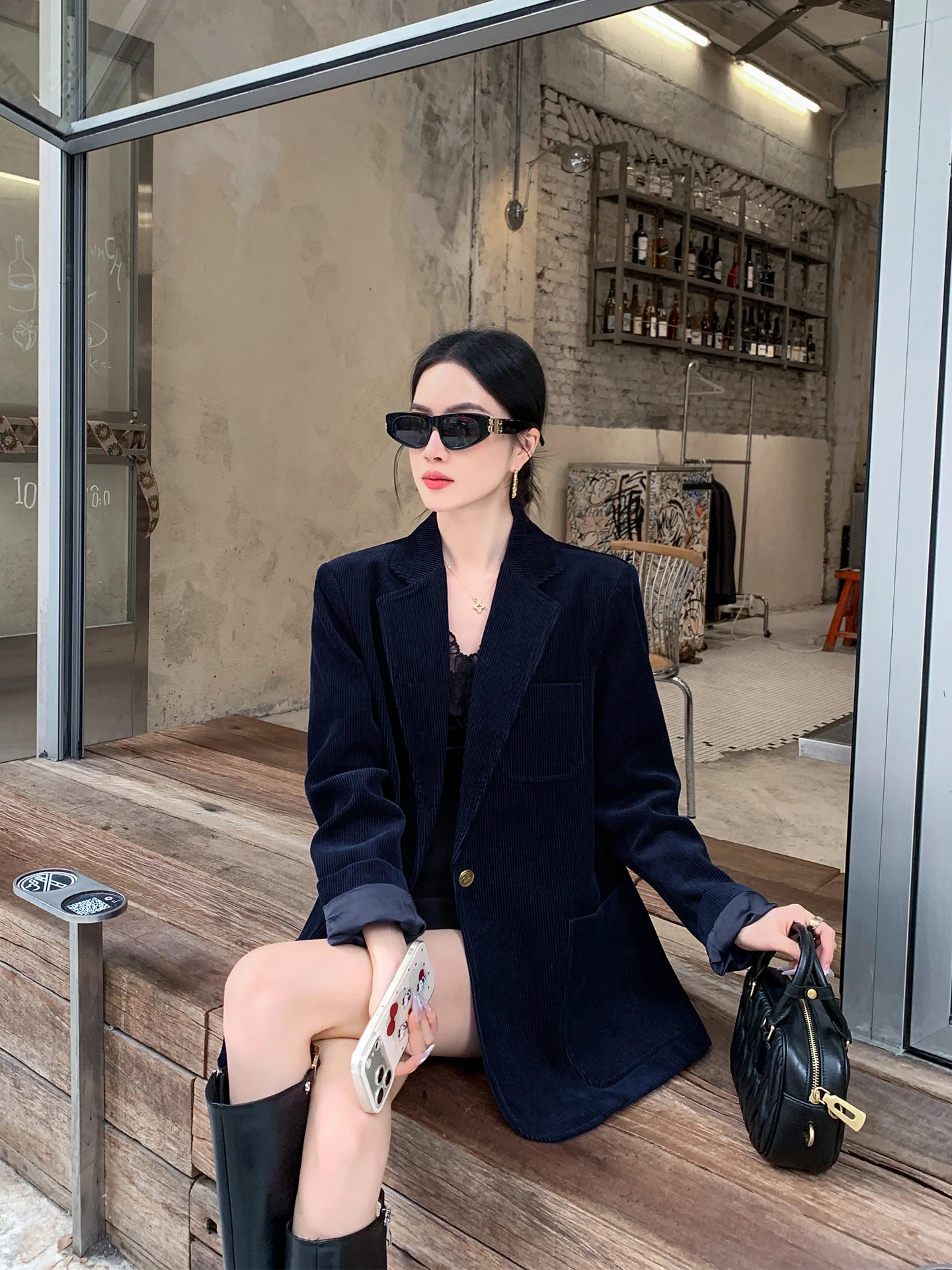 

Синий женский костюм из чистого хлопкового вельвета, свободный крой, стройнящий силуэт, весна 2026, новая коллекция, комфортная верхняя одежда, приталенный крой, длинный рукав