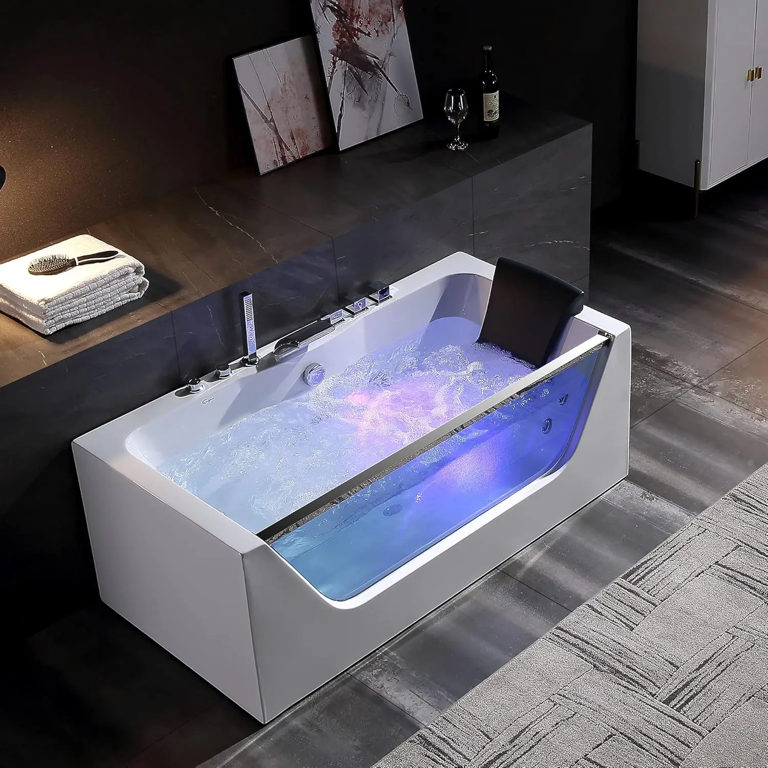 59” Whirlpool Bathtub Jetted Tub with Light SPA Hydromassage with Chromatherapy Acrylic 3-Side Apron White