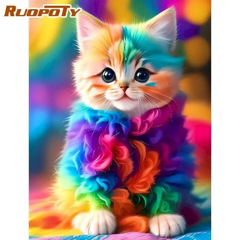 

RUOPOTY Colorful Cat Painting By Numbers Kits Animals Picture With Numbers For Adults Kids Modern Wall Art Picture Home Decors