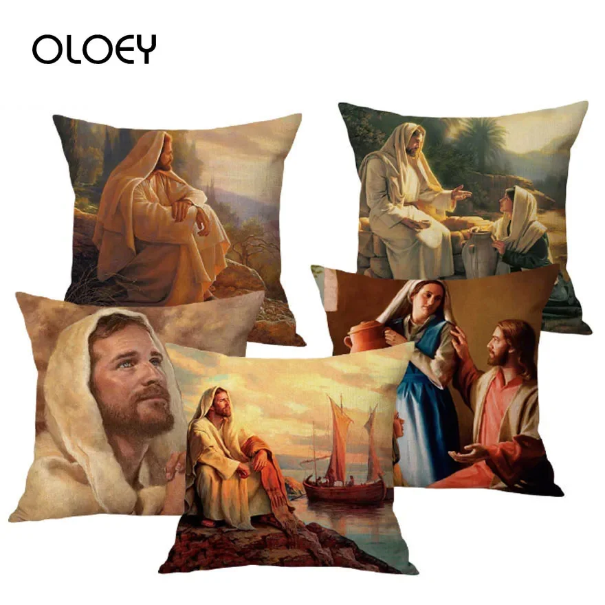 45X45CM Oil Painting Home Decoration Pillowcase Jesus Christ Portrait Christian Art Cotton Linen Cushion Cover Car Decoration  .