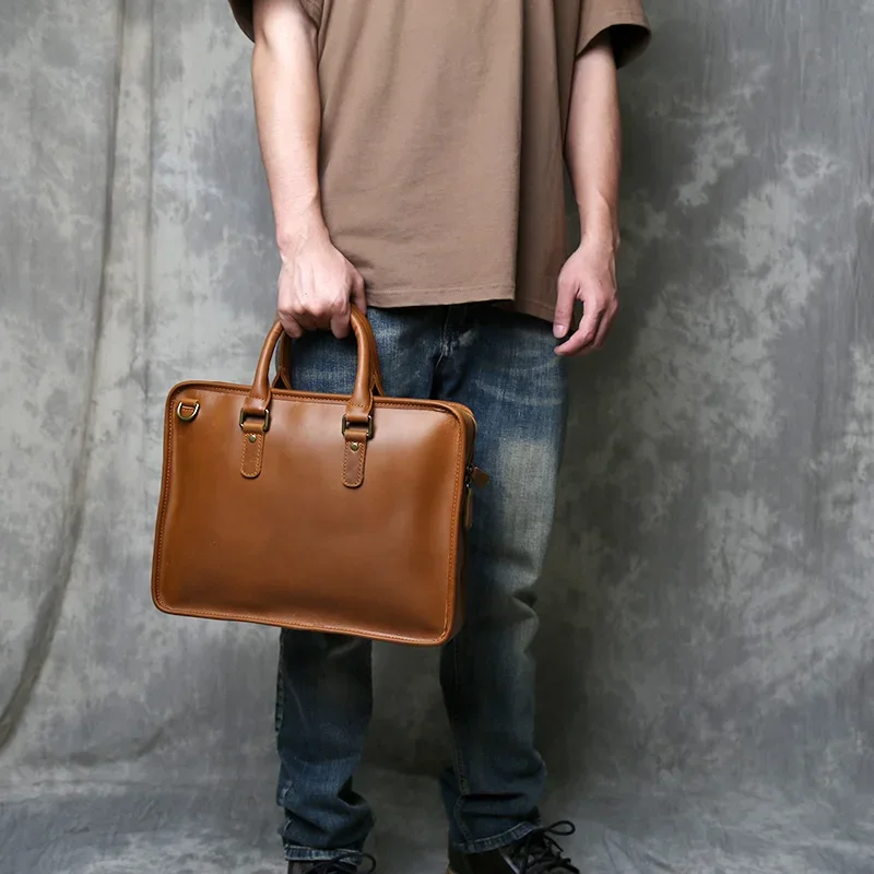 حقيبة يد من جلد البقر بطبقة الرأس للرجال مصنوعة يدويًا من الجلد الطبيعي حقيبة أعمال غير رسمية بكتف واحد حقيبة كمبيوتر كروس #2