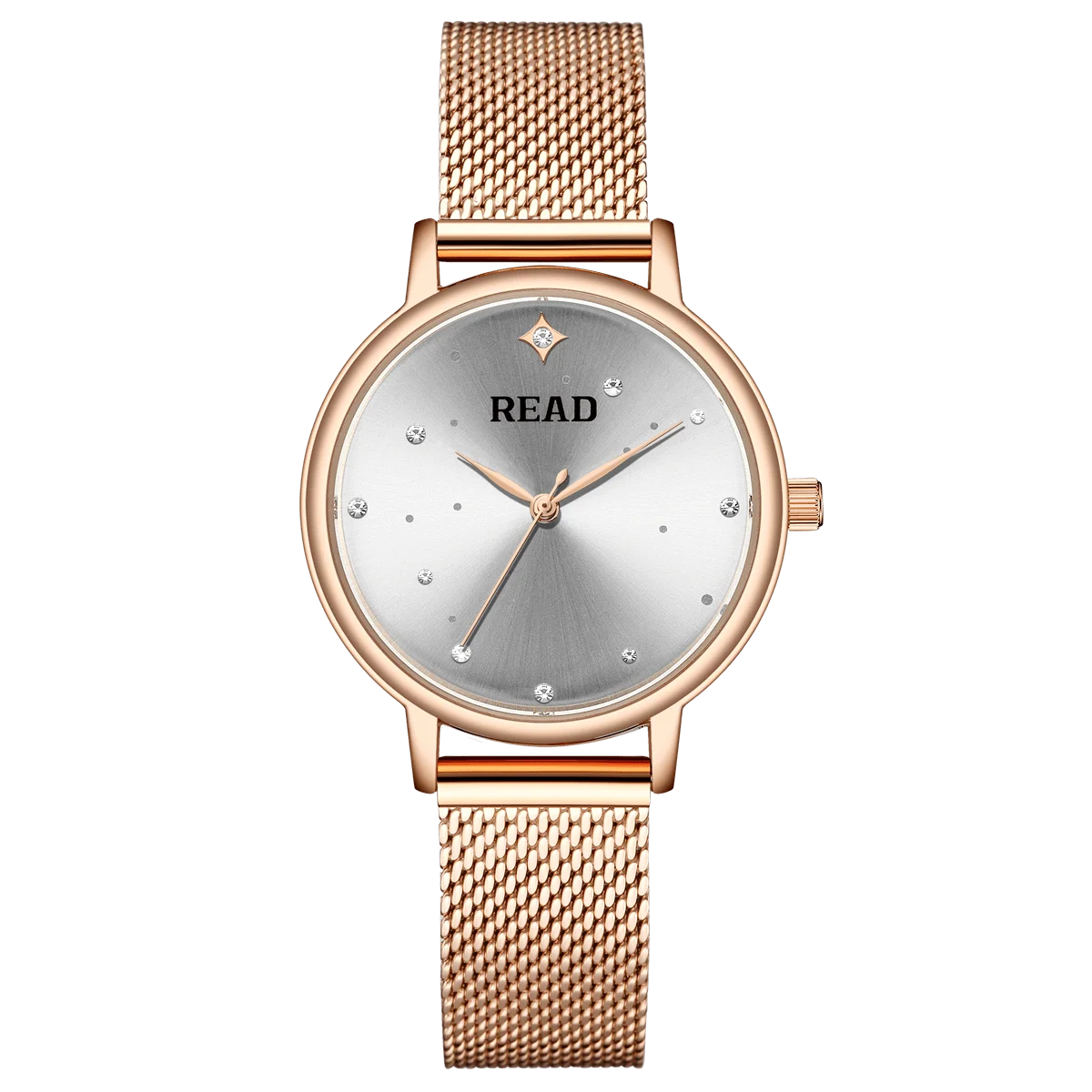 READ Women Quartz Watch | Sunburst Crystal Dial | Rose Gold Mesh Band | 30M Water Resistant Folding Clasp Watch