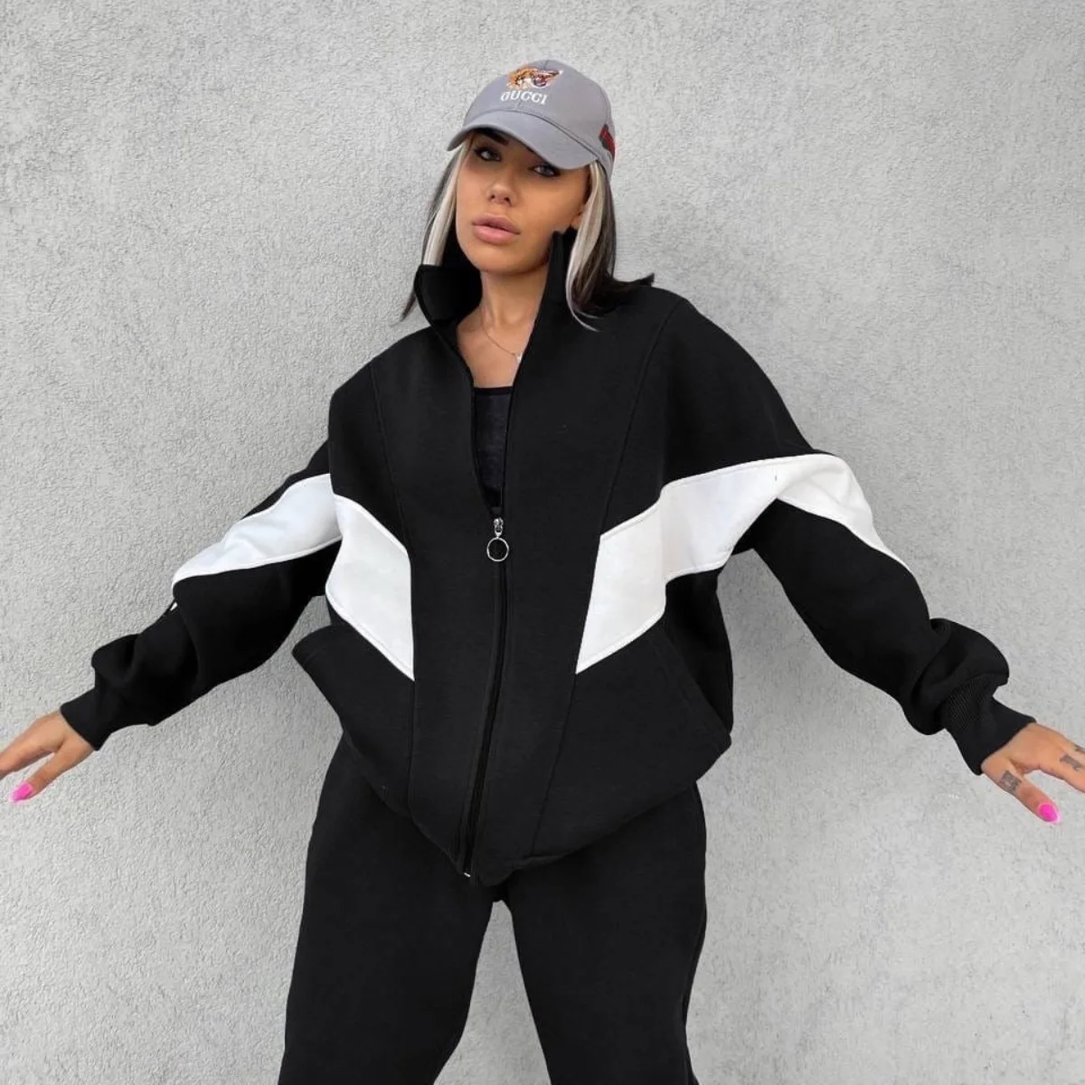 Women Casual Sports Set Two-piece Zippered Loose Spliced ​​top + Trousers 2-piece Suit Fashionable Oversized Streetwear Outfit