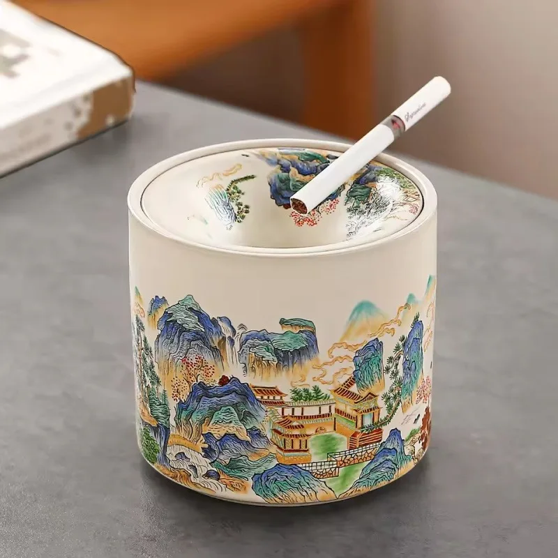 Chinese Ru Kiln Ceramic Ashtray With Lid Funnel‑Shaped Anti‑Fly Ash Household Ash Tray Tea Residue Basin Home Ornament