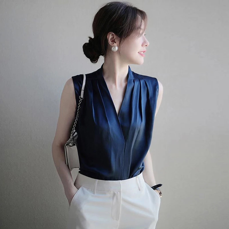 2025 nuevo verano camiseta sin mangas de satén blusas de mujer sin mangas sólido cruzado con cuello en V Casual coreano elegante chaleco camisas para mujer