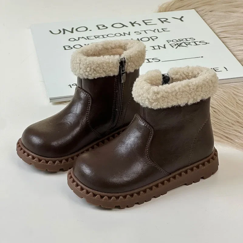 Botas de couro das crianças inverno meninos meninas lado zip pele quente botas curtas crianças da criança estudantes lã manter sapatos de algodão quente