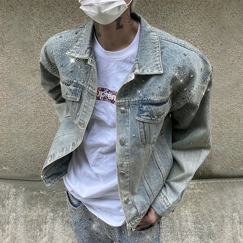 

Autumn Winter Handmade Denim Jaet Rhinestone Casual High Street Collar Youth ular Four Seasons Stand Fit Outerwear