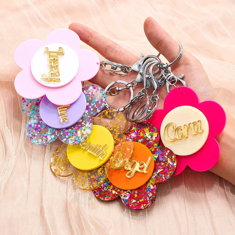 Business Wholesale Acrylic Custom Name Keychain Flower Shape Colored Nameplate Tag Personalized Bag Charm Key Ring Company Gift