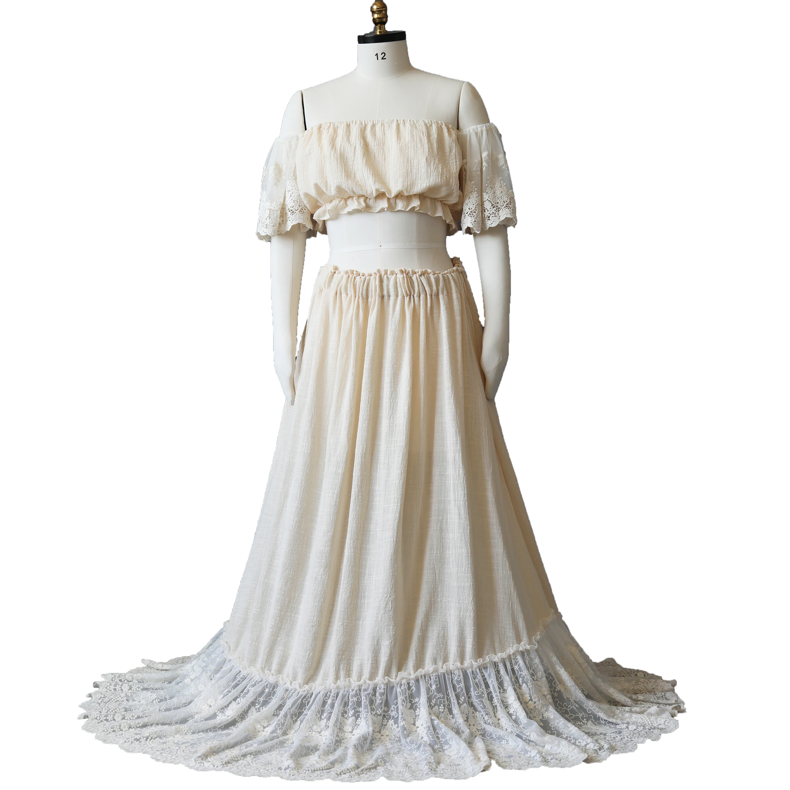 Boho Two Piece Women's Set Vintage Lace Top & Skirt Bohemian Maternity Photo Session Dresses Off The Shoulder Bella