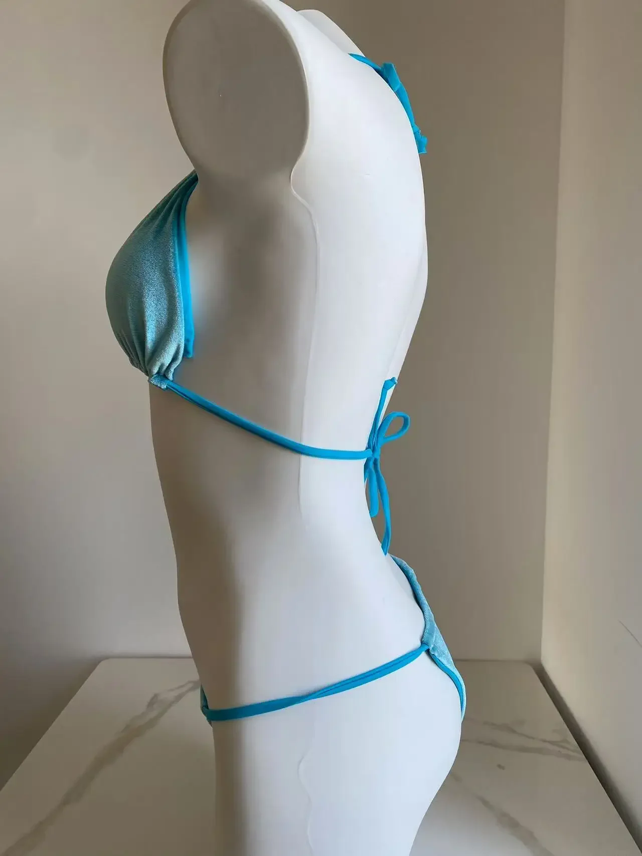 Bikini de terciopelo Sexy para Mujer, traje de baño con Tanga y cordones de color azul liso, traje de baño Bandage recortado, Micro traje de baño para playa 2025