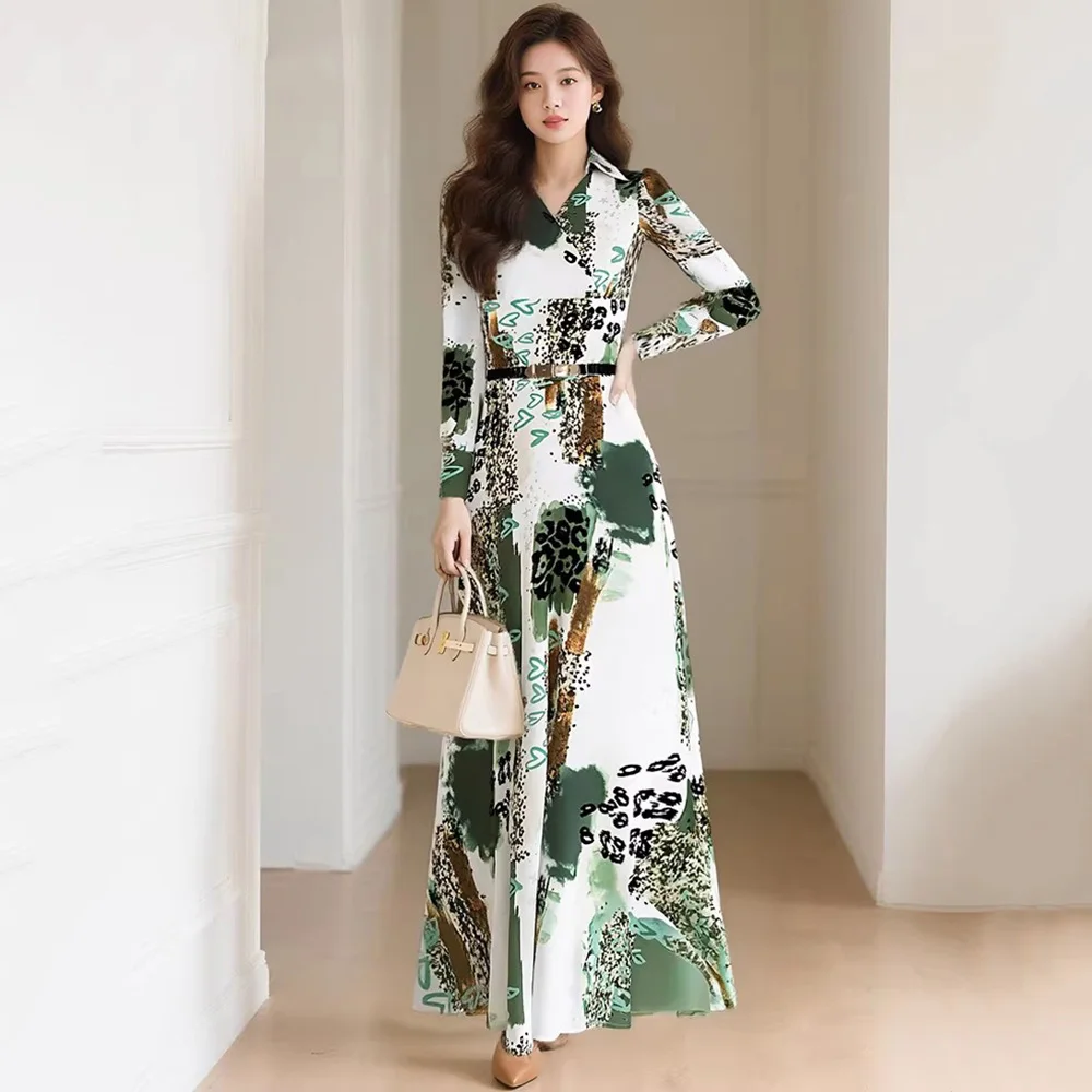 

New Spring Print Long Dress Women Fashion Shirt Style Turn-down Collar High Waist Slim Dress Elegant Long Sleeve Holiday Dress
