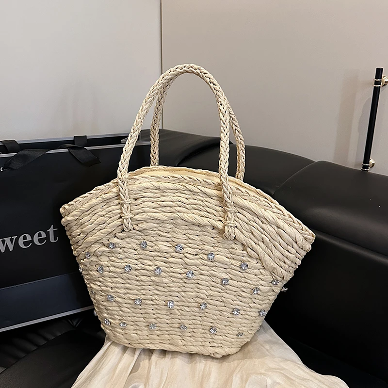 

Straw Woven Diamond High Quality Top-Handle Bags Hollow Out Casual Women's Bags on Sale 2025 Brand Spring Beach Handbags
