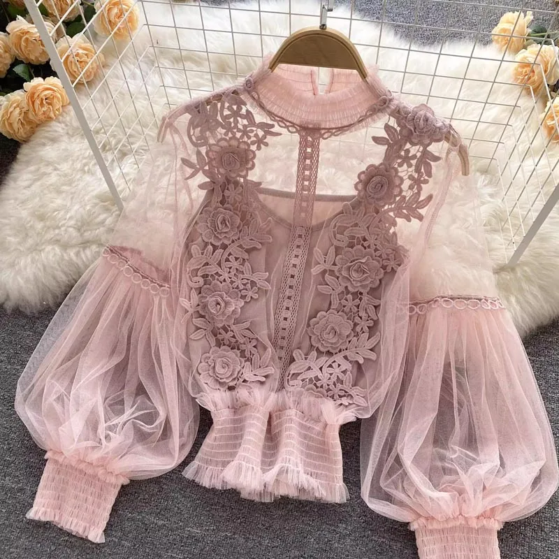 Fashion Casual Elegant Long Lantern Sleeve Lace Women Blouse Floral Mesh  See Through Sweet Pullover Lady Tops 25914