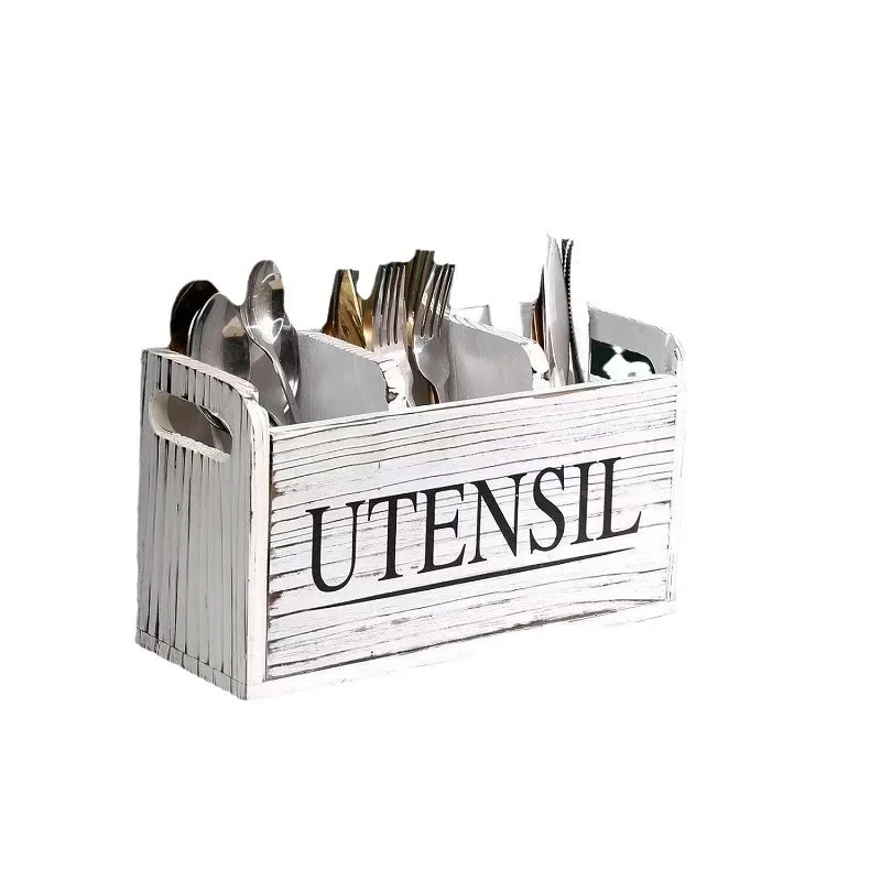 1pcs Wooden Retro Style Tableware Storage Box Kitchen Knife and Fork Dispenser Tabletop Spoon and Fork Divided Basket