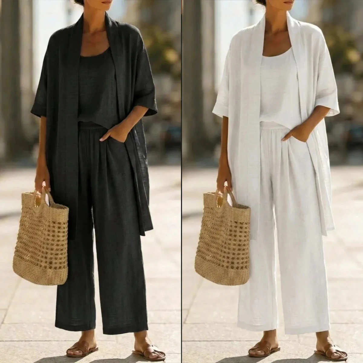 

Women's 3PC Set Casual Cotton Linen Blend Short Sleeve Vest Cardigan with Wide Leg Pants Loose Fitting Summer Outfit