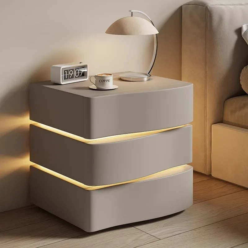 Cream wind solid wood bedside table household bedroom bedside storage multi-function with floor sensor light storage
