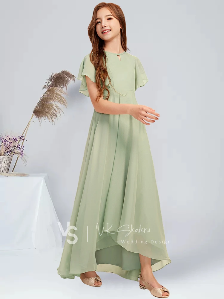 A-line Scoop Asymmetrical Chiffon Junior Bridesmaid Dress Celadon Summer Graduation Party Dress for Guest Flower Girl Dress Kids