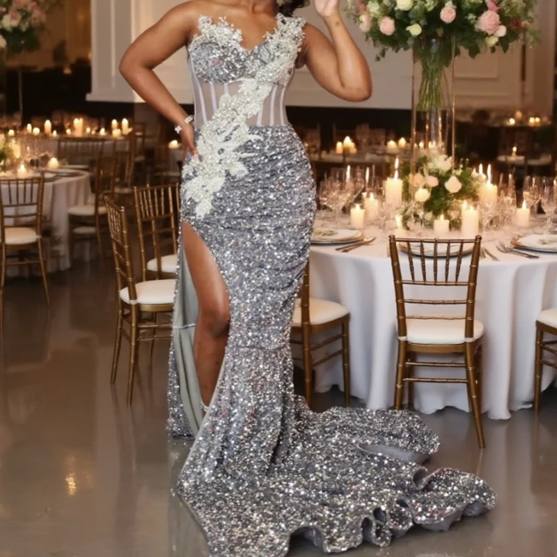 

Silver Mermaid Prom Dresses One Shoulder Crystals Sequined Evening Formal Party Birthday Engagement Gowns Dress Customized