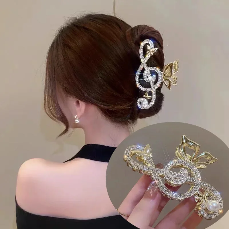 Women Elegant Music Note Shape Hair Clips Luxury Rhinestone Decor Ponytail Claw Clip Accessory For Girl Heawear Accessory