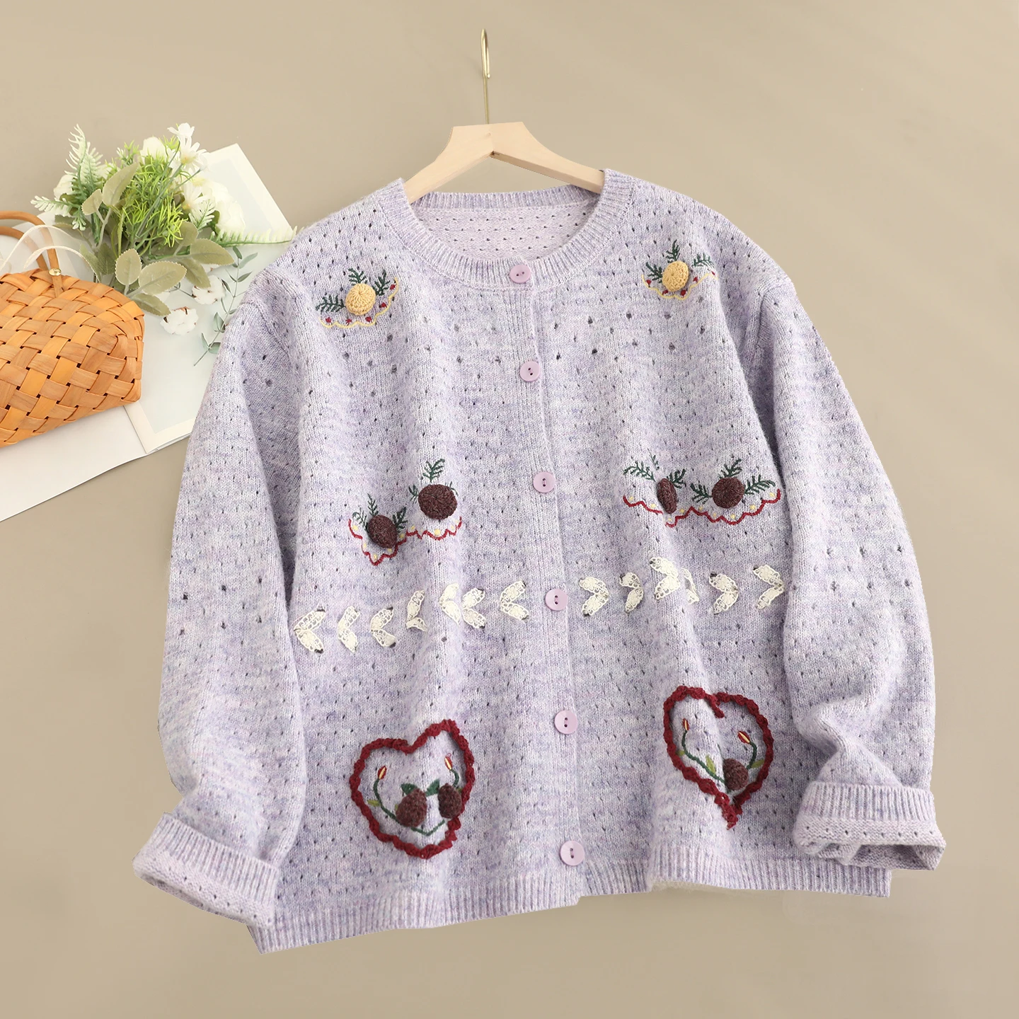 Japonais doux Mori fille 3D coeur cerise Appliques broderie tricoté pull Cardigan femmes automne col rond à manches longues vêtements d'extérieur