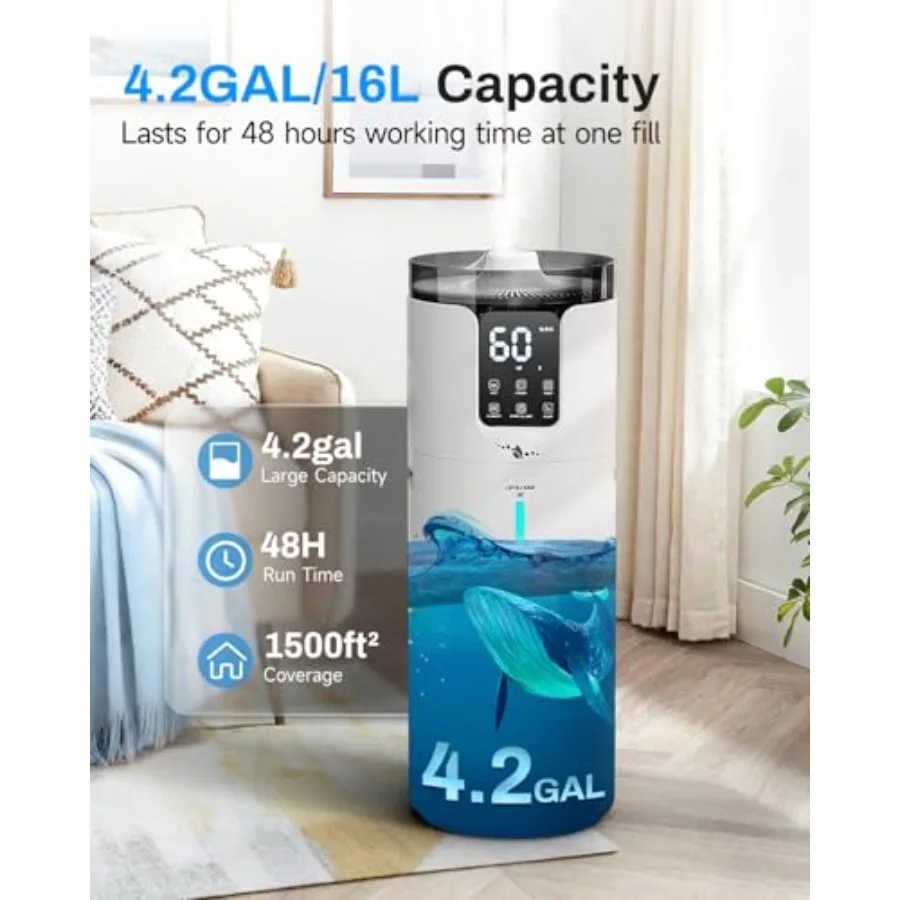 Humidifier Large Room 4.2 Gal/16L Large Humidifier for 1500 sq.ft 360 Nozzles Cool Mist Ultrasonic Top Fill Tower Humidifiers f