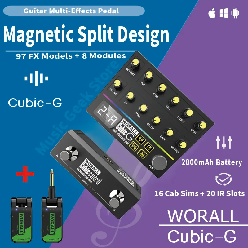 WORALL CubiC G Magnetic Split-Head Guitar Pedal Multi-Effects with 97 Effects, 16 Amp Sims, IR Loader, Bluetooth, OTG & Battery