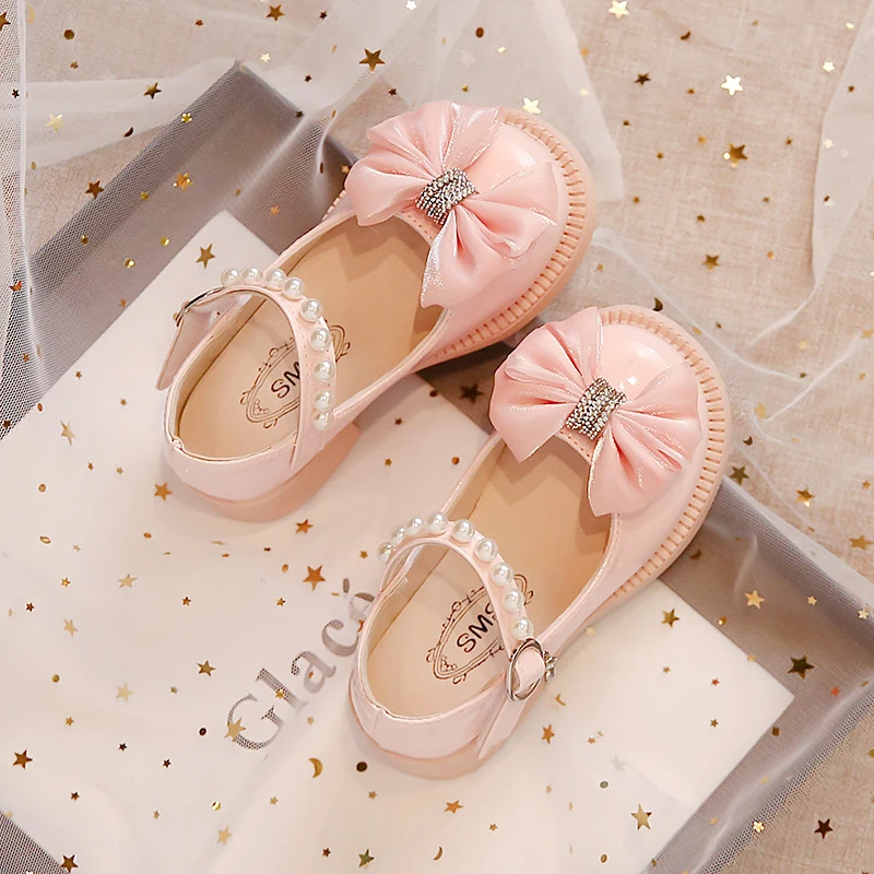 Sweet Children Leather Shoes Bowknot Organza Elegant Girl\'s Mary Janes Three Colors Spring Princess Dance 26-36 Kids Flat Shoe