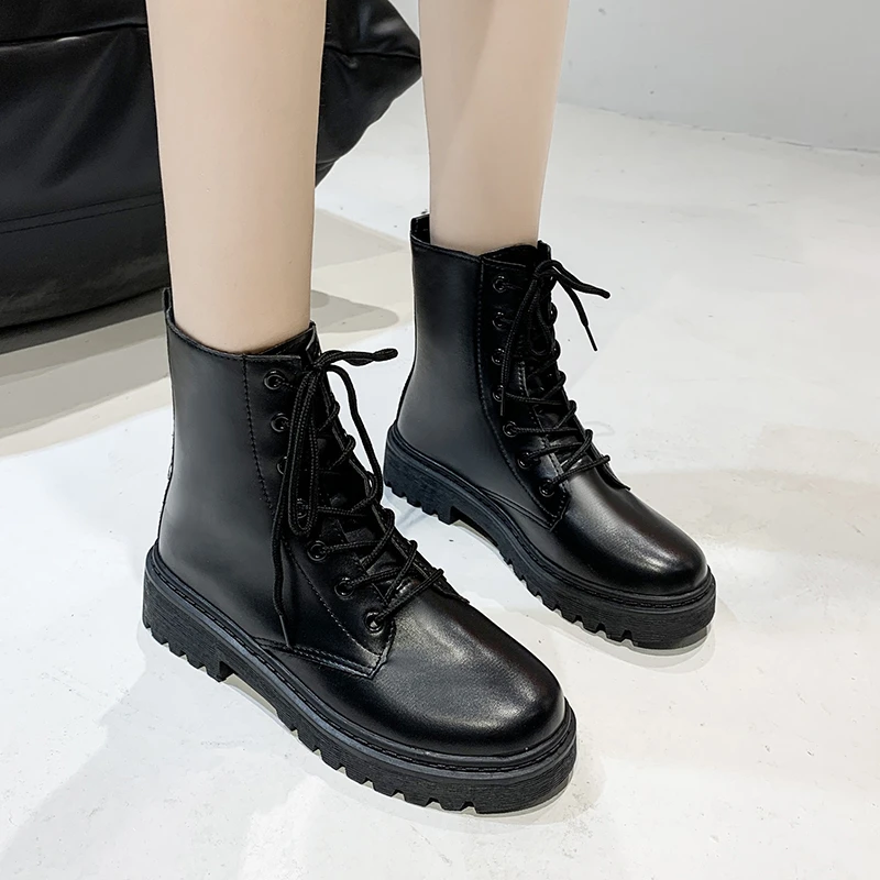 New Platform Shoes Women Boots Round Toe Zipper Spring Autumn Fashion Ankle Female Black Lace-up Boots for Women Shoes Large S