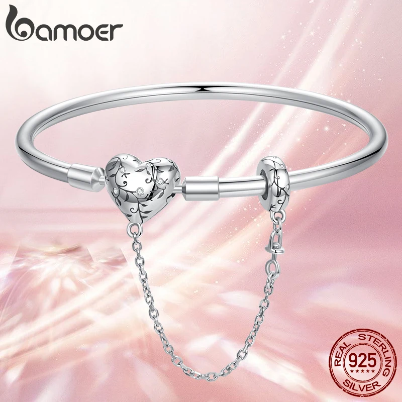 BAMOER 925 스털링 실버 레트로 하트 팔찌, 안전 체인, 기본 참 레터링 각인, 나뭇잎 사랑 여성 손 선물 파티