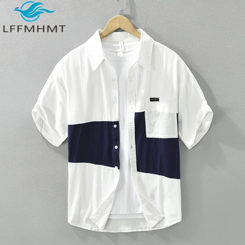 8099 Chic Patchwork 100% Cotton Casual Shirt for Men Summer New Arrival Short Sleeve Streetwear Daily Teens Premium Tops Male