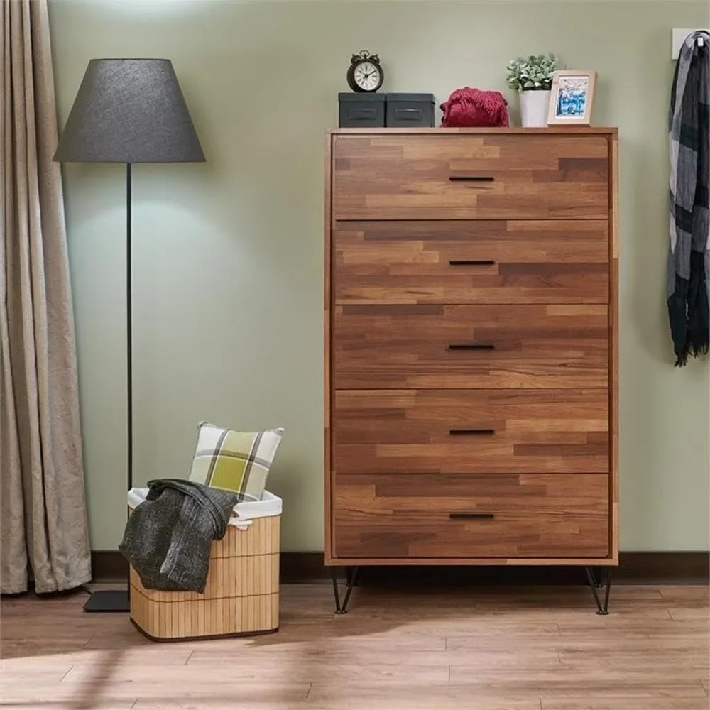 Wooden Rectangular Chest with 5 Storage Drawers in Walnut - Stylish and Functional Storage Solution