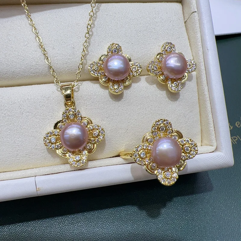 Vintage Square Flower Set Niche Design Fashionable Natural Pearl Pendant + Earrings + Ring view 4