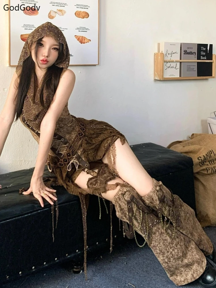 Spring Gothic Brown Vintage 3 Piece Set Women Sexy Lace Y2k Party Mini Pants Suit Female Korean Fashion Retro Designer Outfits image 5