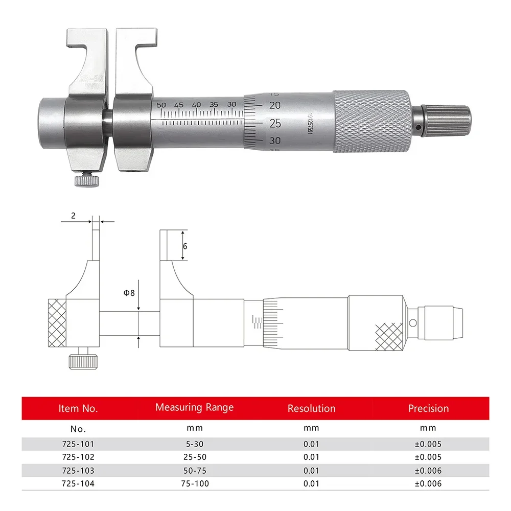 Stainless Steel Two-Point Inner Diameter Micrometer Internal Measuring Micrometer 5-30/25-50-75-100mm0.01N inner Diameter Ruler