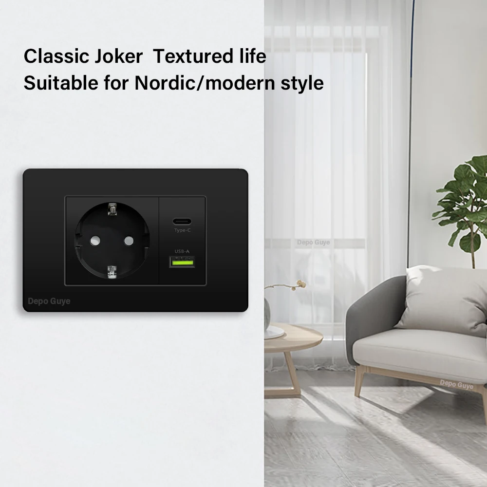 EU Korea Standard Electrical Outlet 220V Wall Light Power Switch,with USB Type-C 20W Smart Fast Charging Socket PC Panel TV TEL