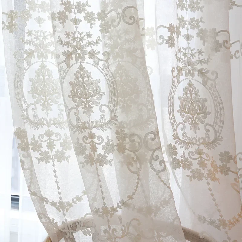 European embroidery living room heavy industry beaded curtains high-end pearl balcony bedroom bay window American white gauze