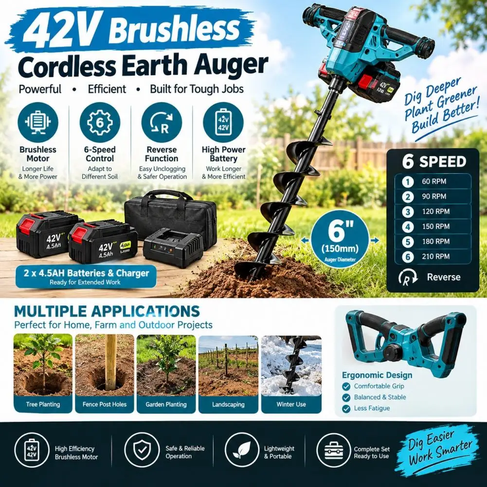 42V Brushless Cordless Earth Auger with 2x4.5AH Battery & Charger 6 Inch Post Hole Digger with 6-Speed And Reverse Function Elec