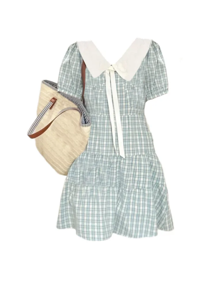 

French Elegance Sweet Plaid Bow A-line Dress Women Peter Pan Collar Short Sleeve Slim One-Piece Frocks Summer 2000s Aesthetic