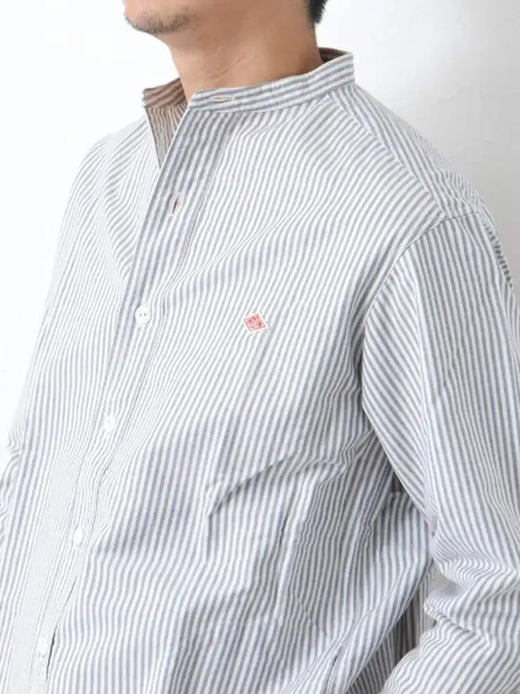 ユニセックス長袖純綿ルーズフィットシャツスタンドカラーストライプ春夏新作洗える通気性快適レトロスタイル